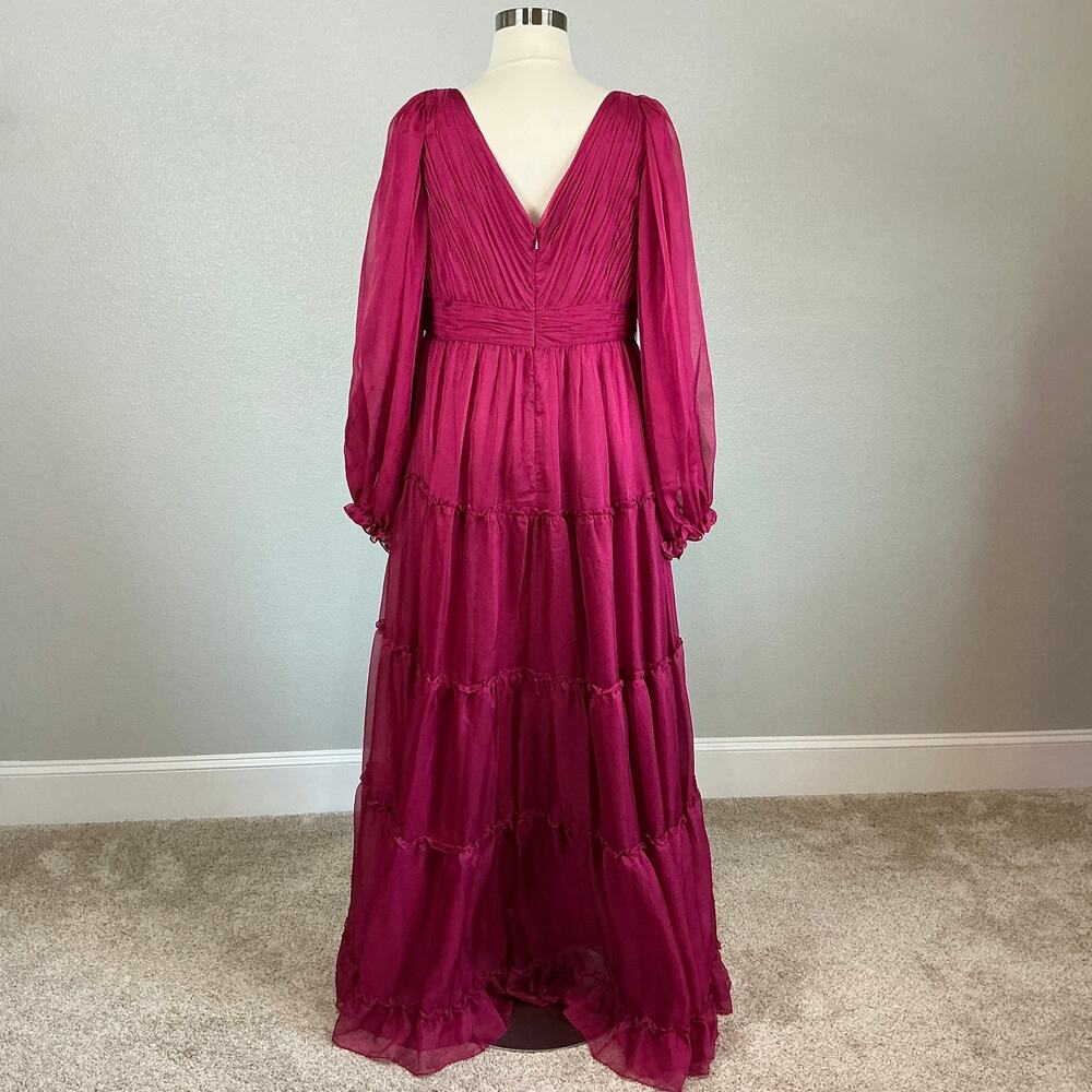 Mac Duggal 68198 Pink Evening Gown Long Sleeve Ruffle Chiffon Maxi Dress Size 16 - Picture 7 of 12